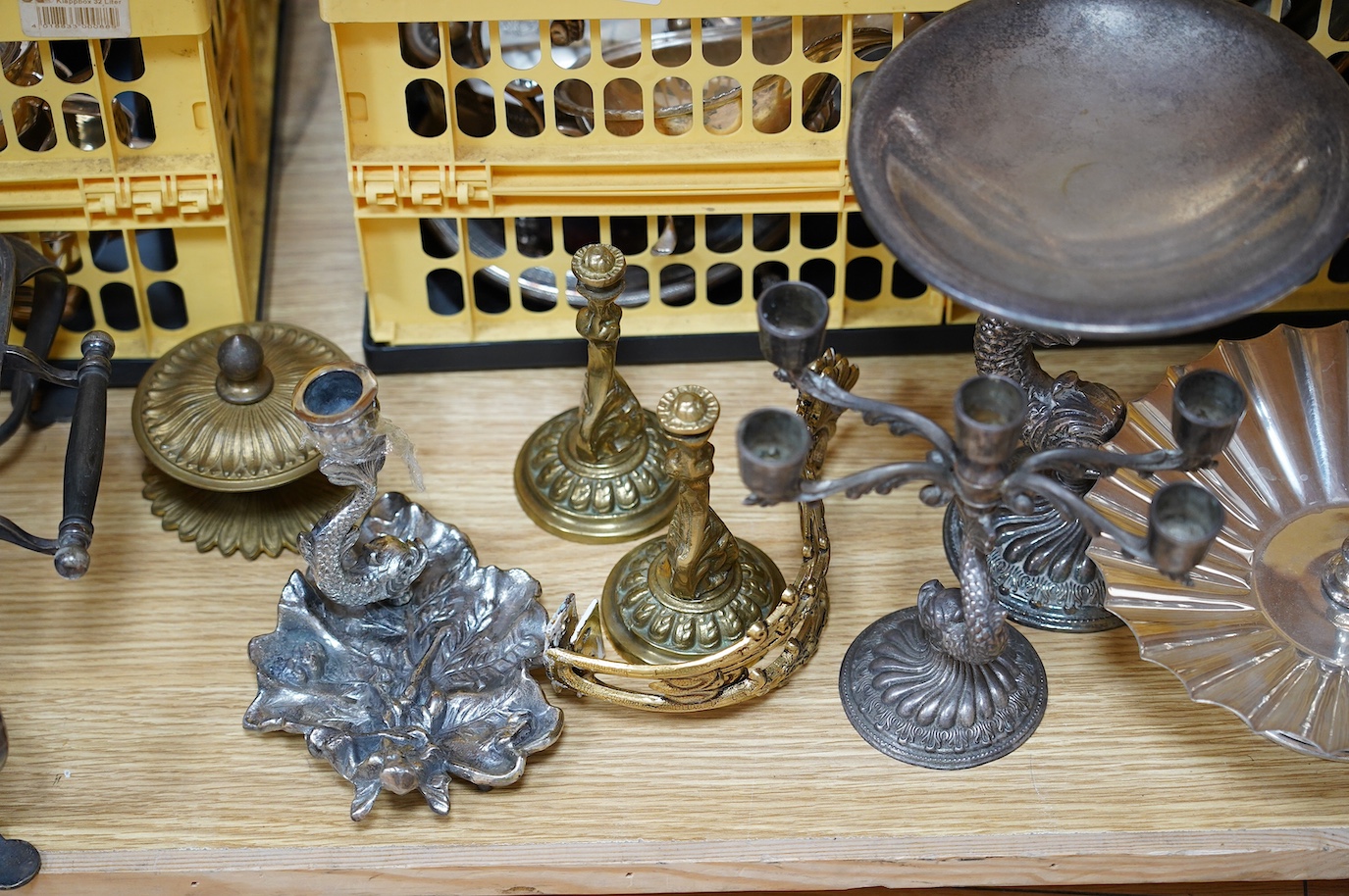 Two boxes of mixed plated wares; including stands, a jug, candlesticks, boxes, trays and teaware etc. Condition - fair to good